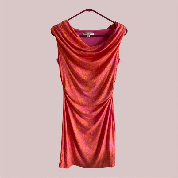 Larry Levine Dress Women's S Pink Orange Cocktail Stretch Ruched Chittah Pattern - Picture 2 of 9